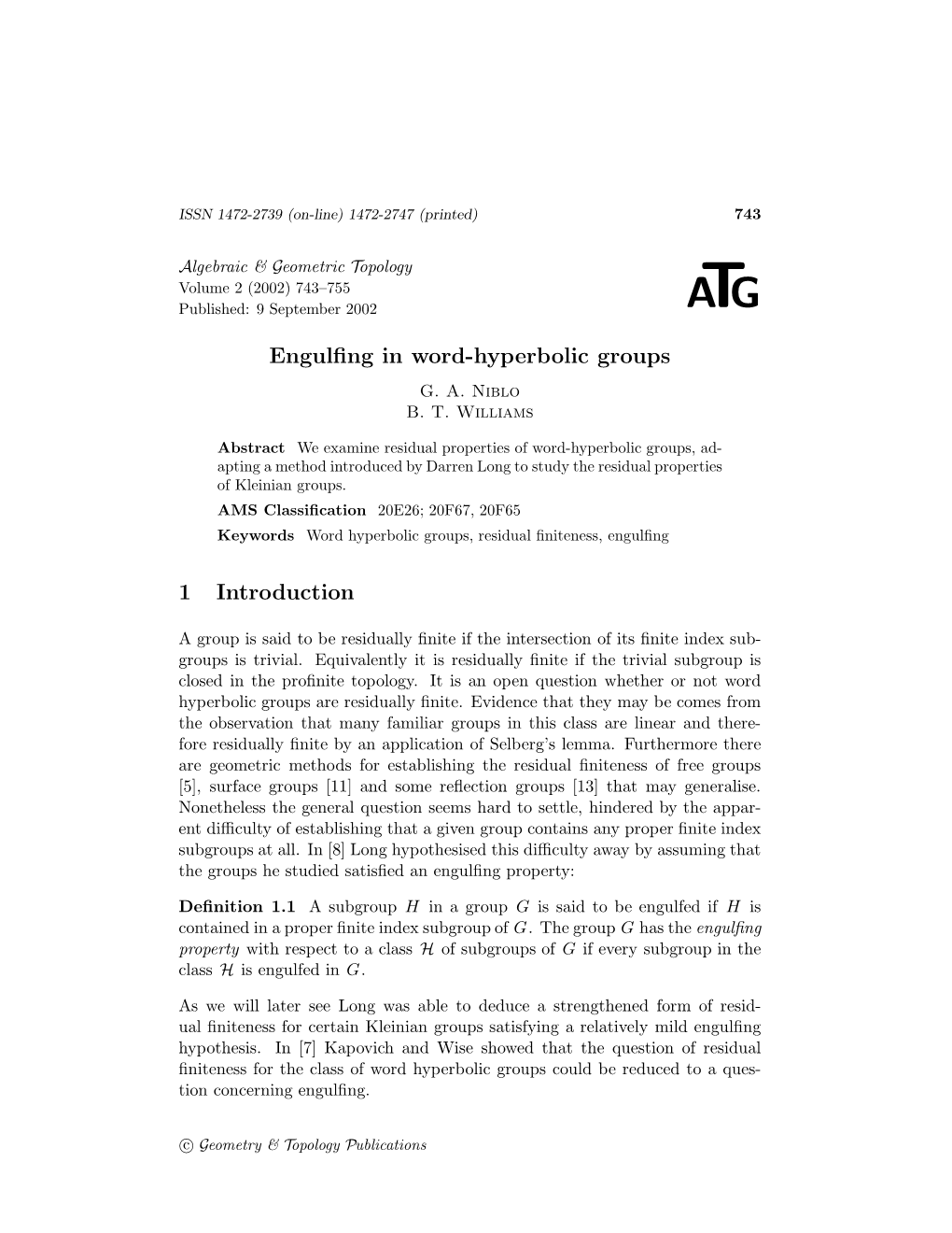 Engulfing in Word-Hyperbolic Groups 1 Introduction