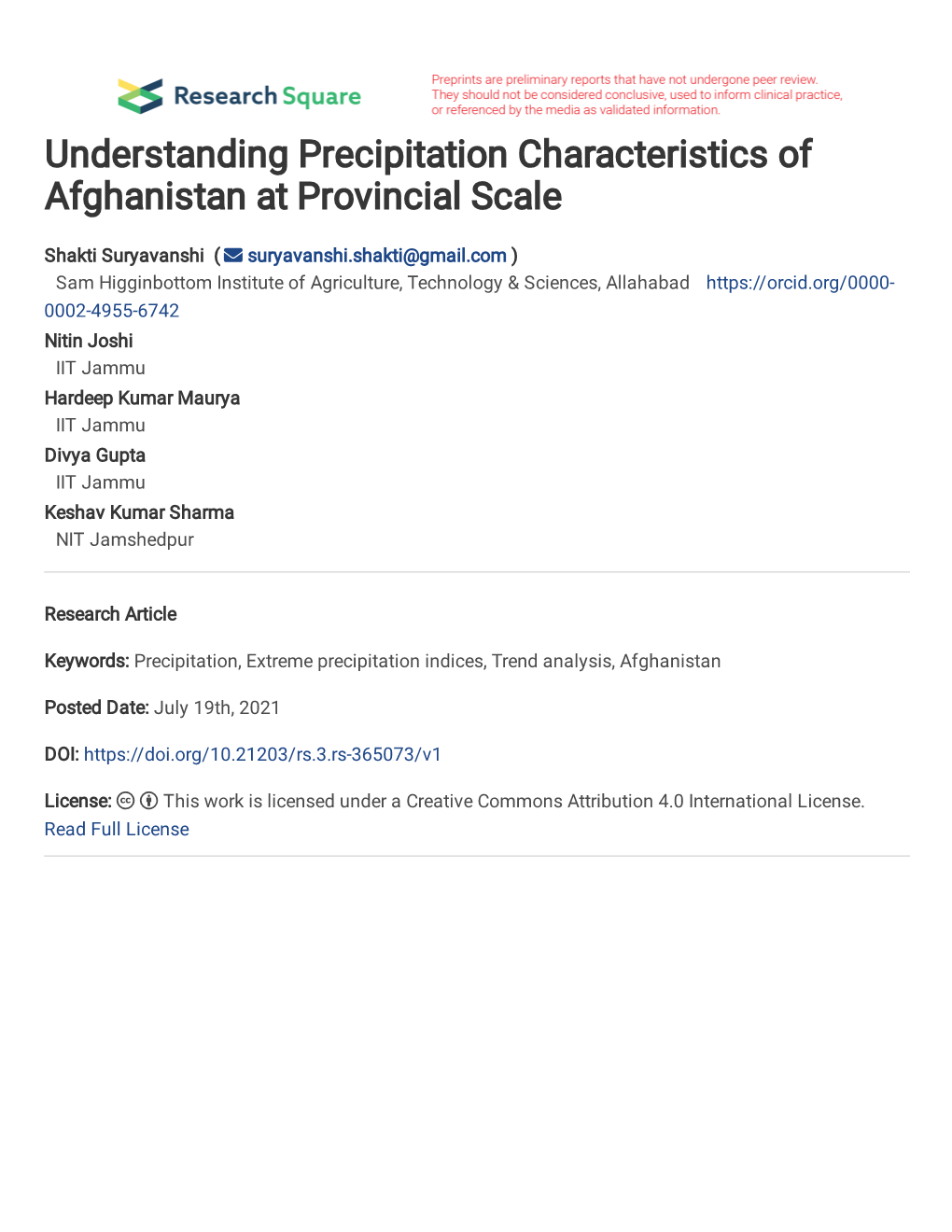 Understanding Precipitation Characteristics of Afghanistan at Provincial Scale