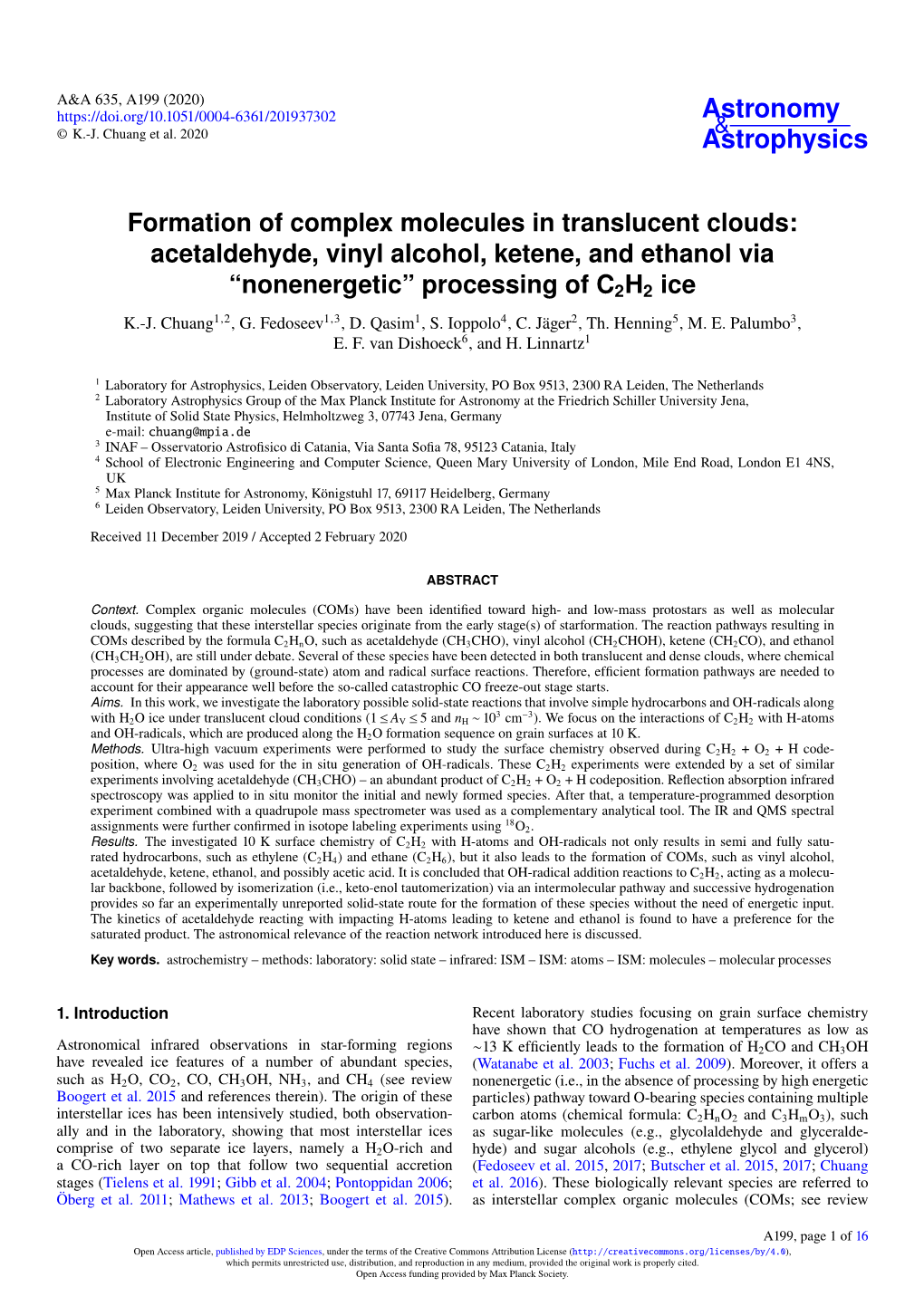 Acetaldehyde, Vinyl Alcohol, Ketene, and Ethanol Via “Nonenergetic” Processing of C2H2 Ice K.-J