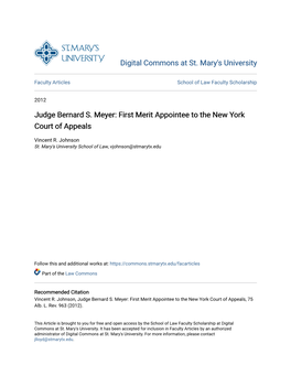 Judge Bernard S. Meyer: First Merit Appointee to the New York Court of Appeals