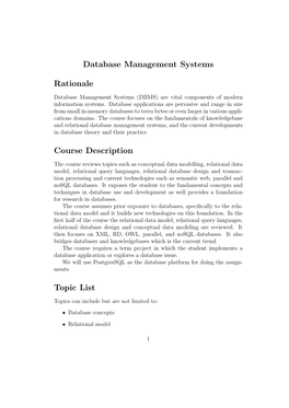 Database Management Systems Rationale Course Description Topic List