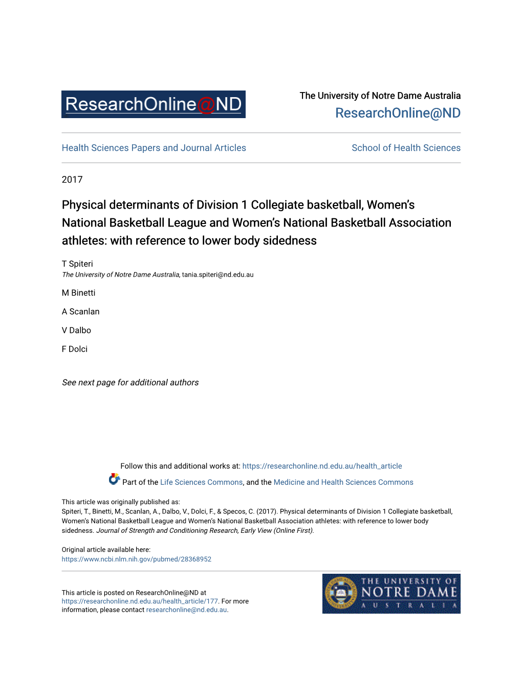 Physical Determinants of Division 1 Collegiate Basketball, Women's