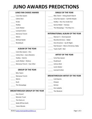 Juno Awards Predictions