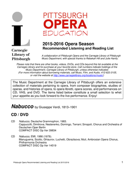 2015-2016 Opera Season Recommended Listening and Reading List