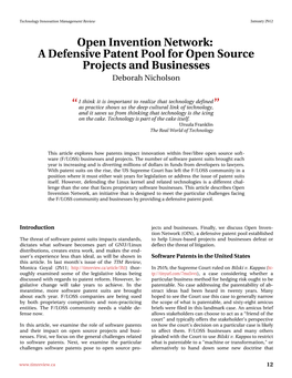 Open Invention Network: a Defensive Patent Pool for Open Source Projects and Businesses Deborah Nicholson
