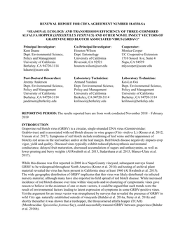 Renewal Report for Cdfa Agreement Number 18-0338-Sa “Seasonal Ecology and Transmission Efficiency of Three-Cornered Alfalfa Ho