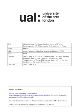 Contemporary Alt-Folksong and Articulations of Place Type the Sis URL Dat E 2 0 1 4 Citation Lamb, John R