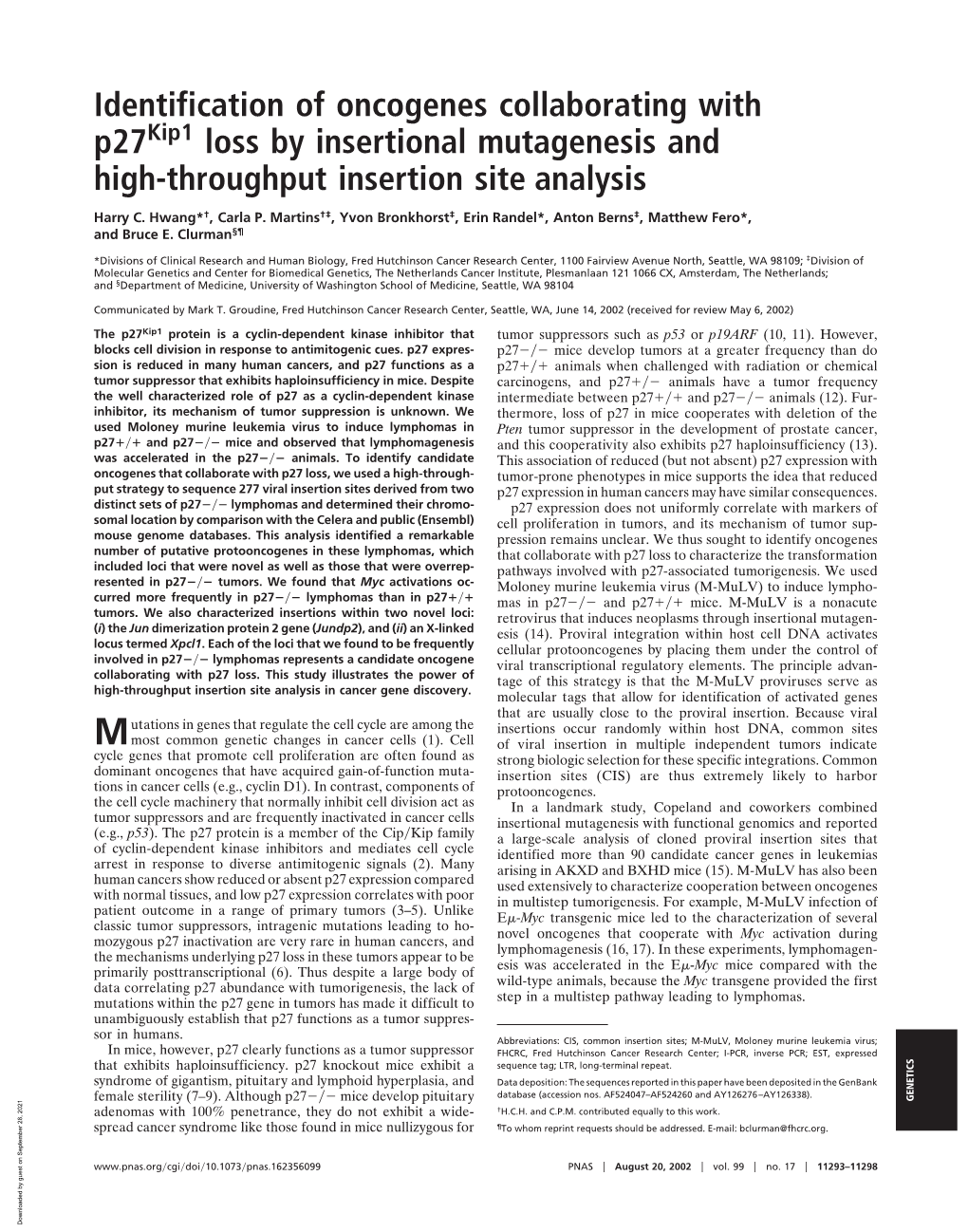 Identification of Oncogenes Collaborating with P27 Loss By