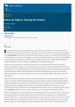 Haftar on Algeria: Testing the Waters | the Washington Institute