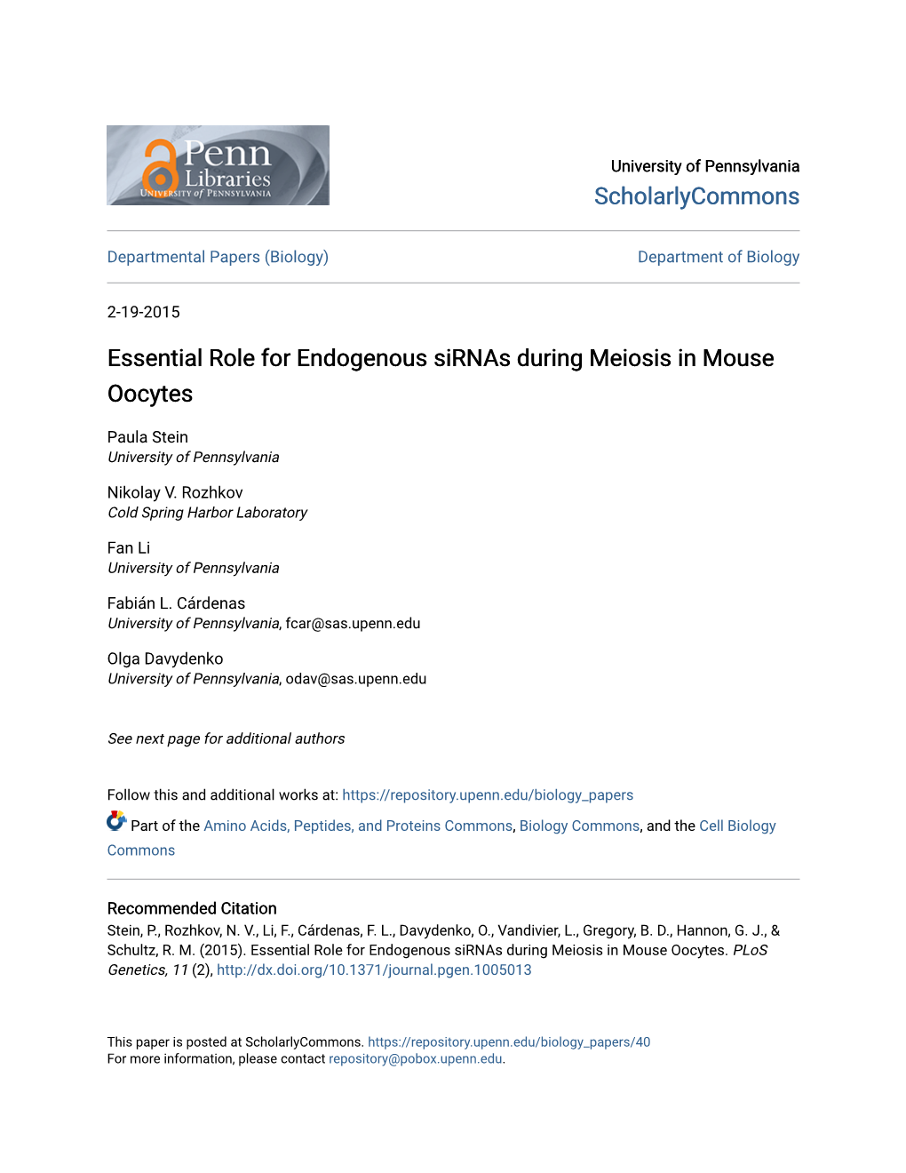 Essential Role for Endogenous Sirnas During Meiosis in Mouse Oocytes