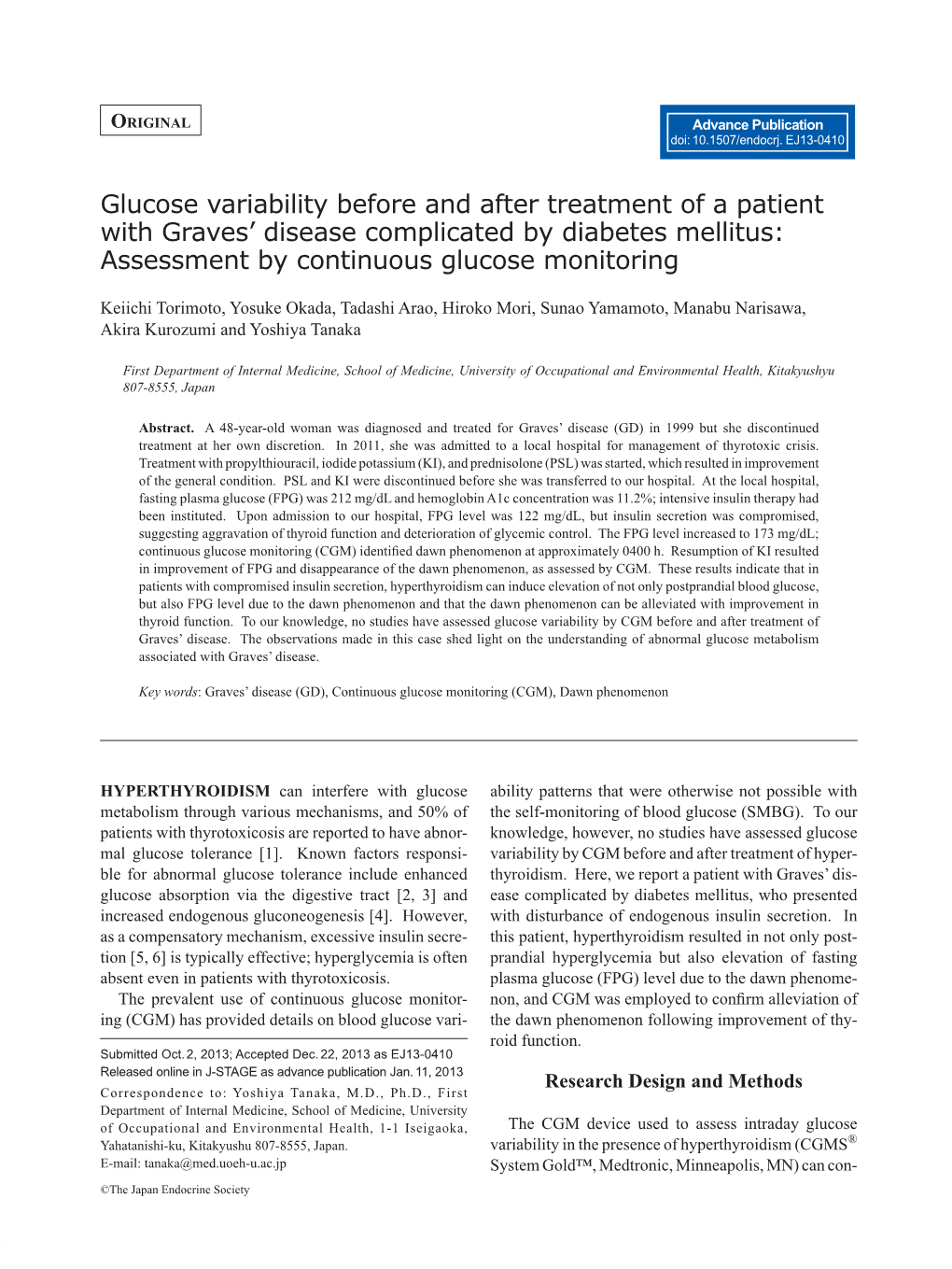 Glucose Variability Before and After Treatment of a Patient with Graves’ Disease Complicated by Diabetes Mellitus: Assessment by Continuous Glucose Monitoring