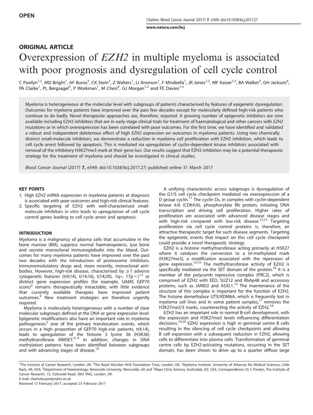 Overexpression of EZH2 in Multiple Myeloma Is Associated with Poor Prognosis and Dysregulation of Cell Cycle Control