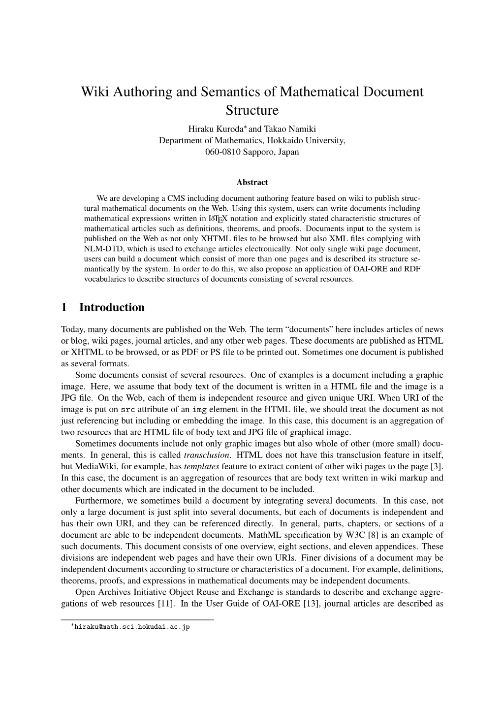 Wiki Authoring and Semantics of Mathematical Document Structure