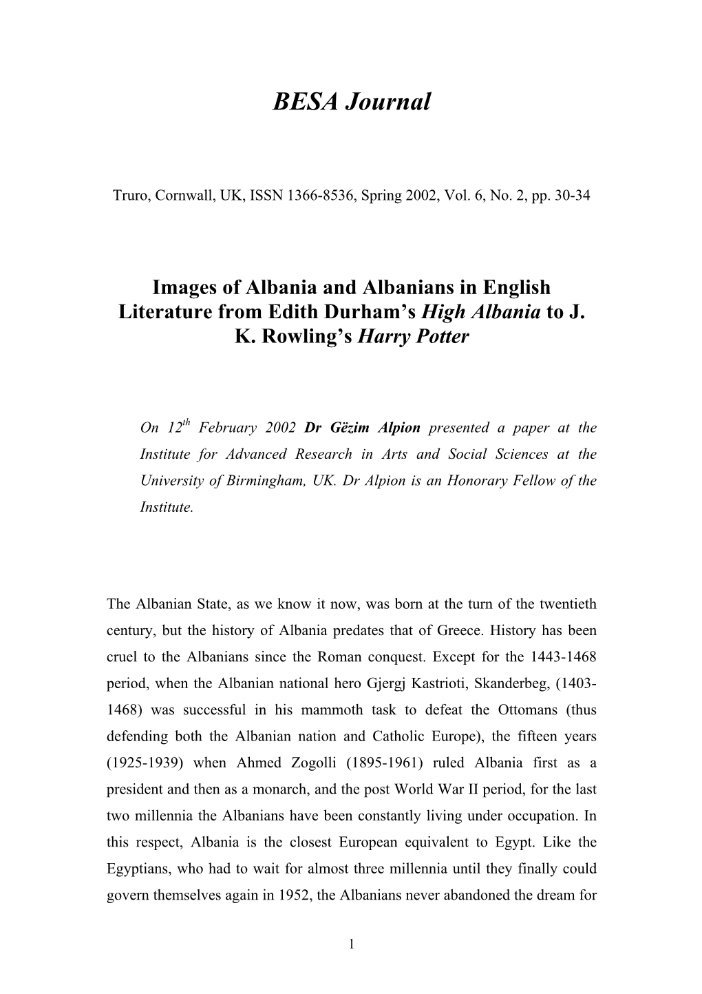 Images of Albania and Albanians in English Literature from Edith Durham’S High Albania to J