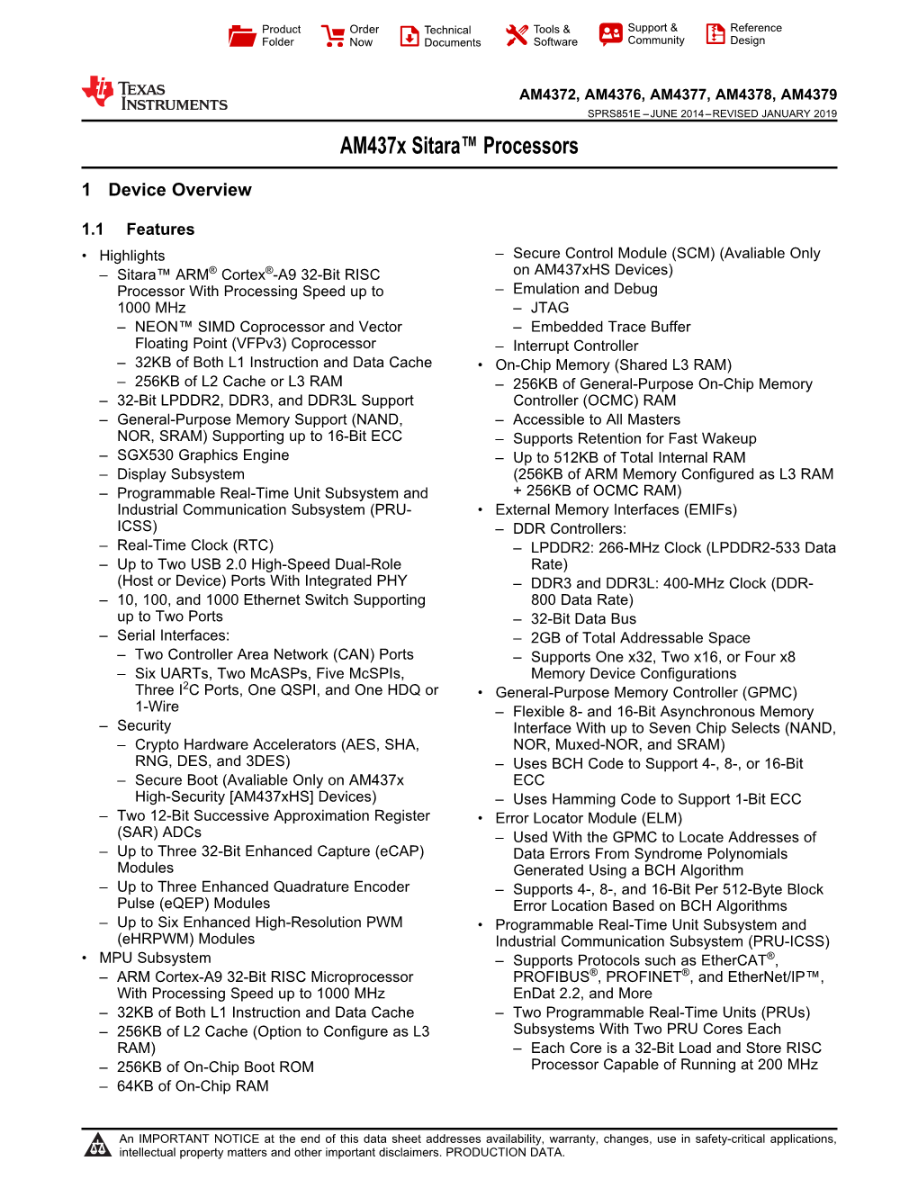 Am437x Sitara™ Processors Datasheet