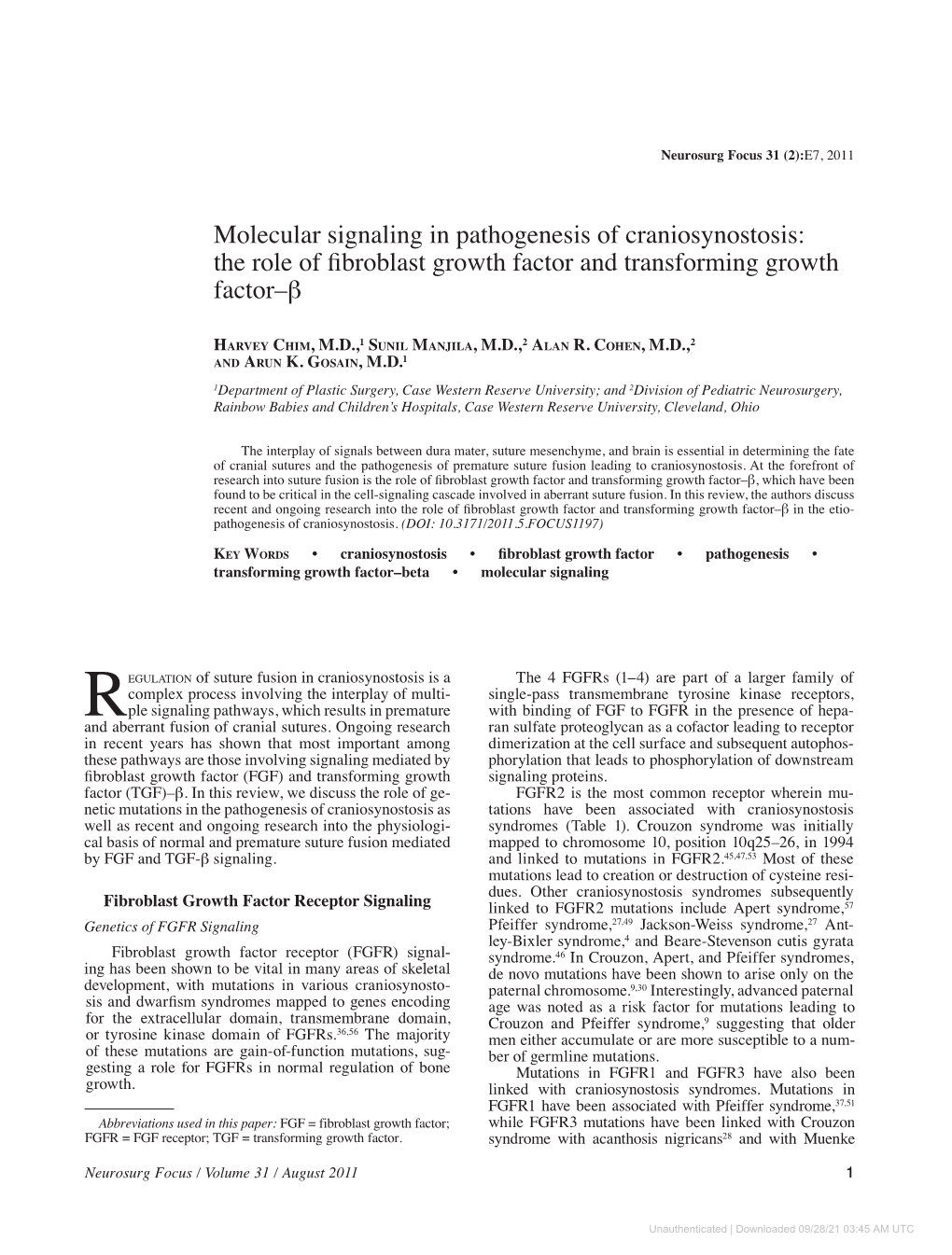 Molecular Signaling in Pathogenesis of Craniosynostosis: the Role of Fibroblast Growth Factor and Transforming Growth Factor–B