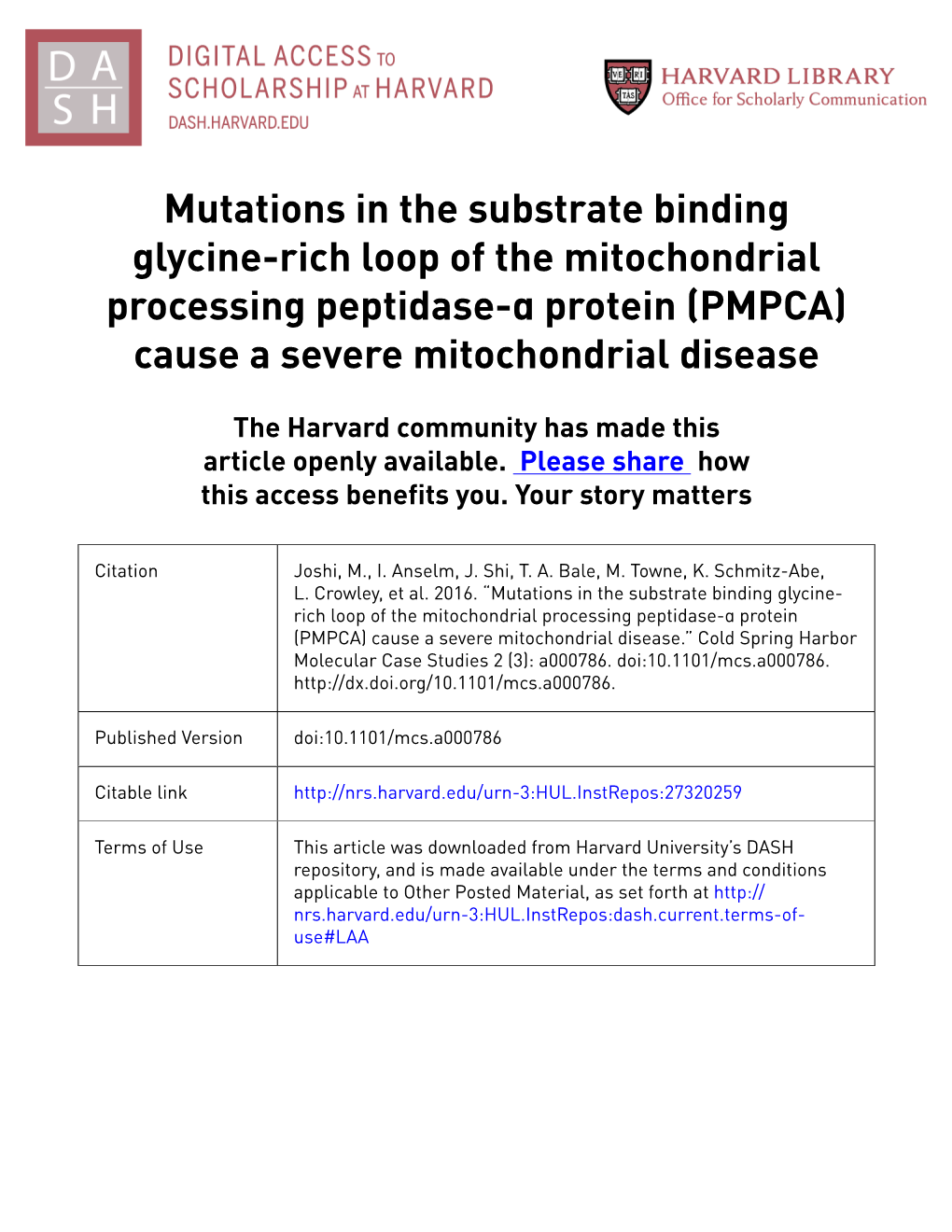 Mutations in the Substrate Binding Glycine-Rich Loop of the Mitochondrial Processing Peptidase-Α Protein (PMPCA) Cause a Severe Mitochondrial Disease