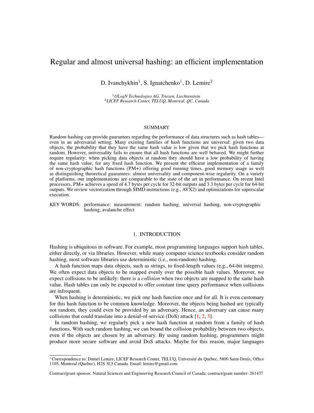 Regular and Almost Universal Hashing: an Efﬁcient Implementation