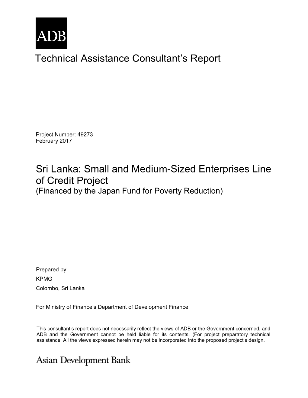 Technical Assistance Consultant's Report Sri Lanka