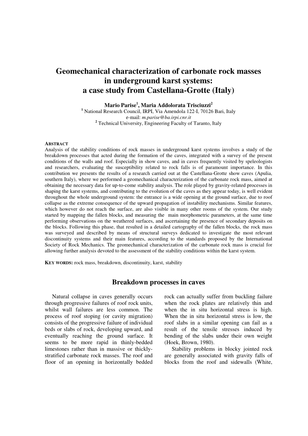 Geomechanical Characterization of Carbonate Rock Masses in Underground Karst Systems: a Case Study from Castellana-Grotte (Italy)