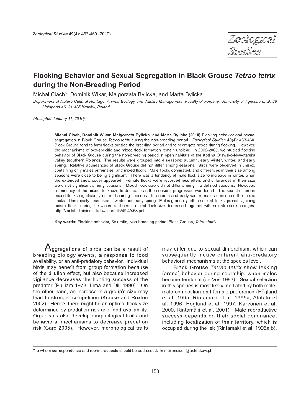 Flocking Behavior and Sexual Segregation in Black Grouse Tetrao Tetrix During the Non-Breeding Period