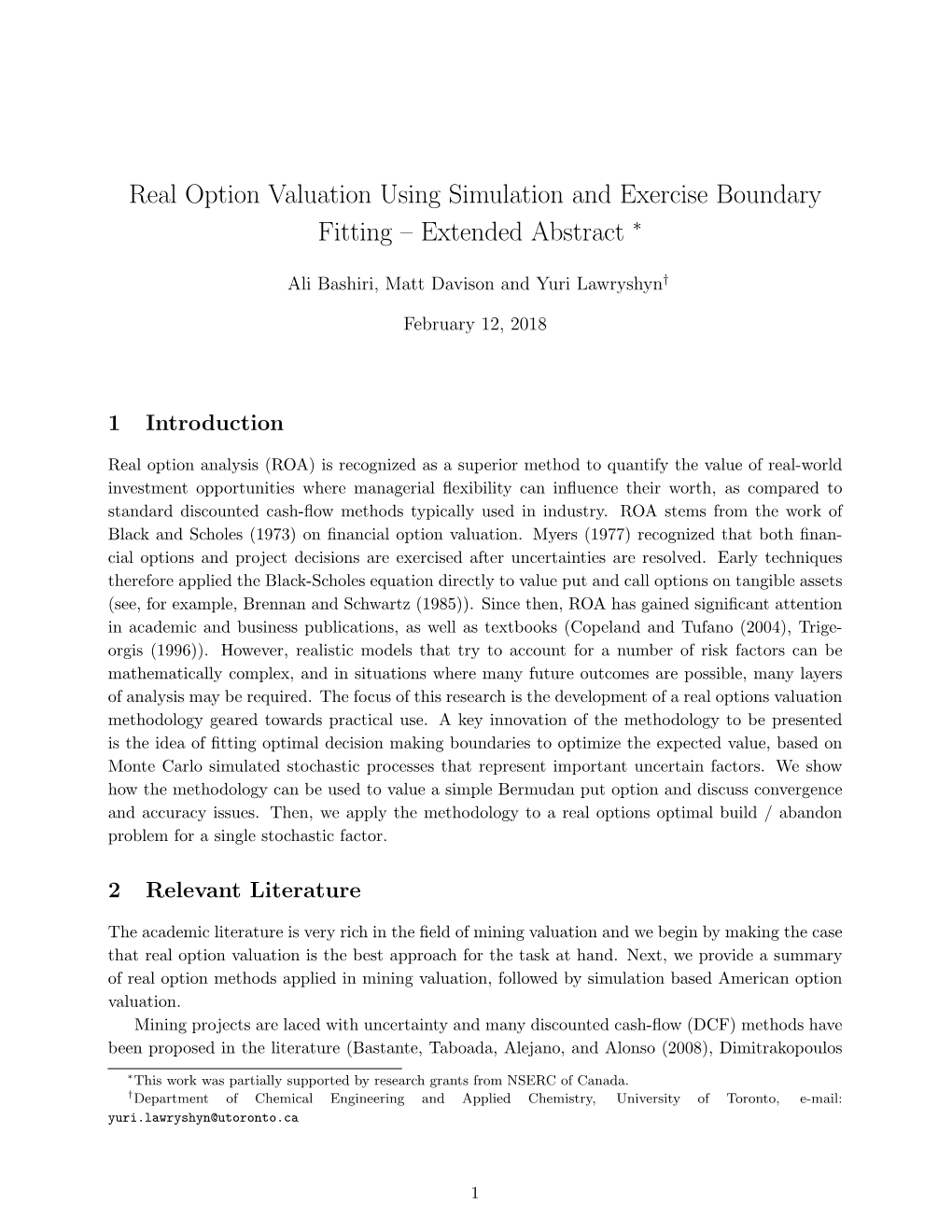 Real Option Valuation Using Simulation and Exercise Boundary Fitting – Extended Abstract ∗