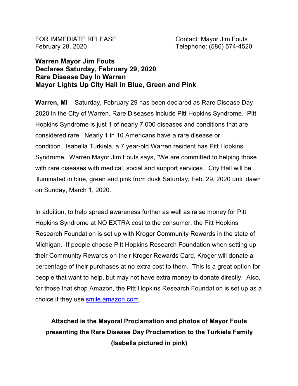 Warren Mayor Jim Fouts Declares Saturday, February 29, 2020 Rare Disease Day in Warren Mayor Lights up City Hall in Blue, Green and Pink