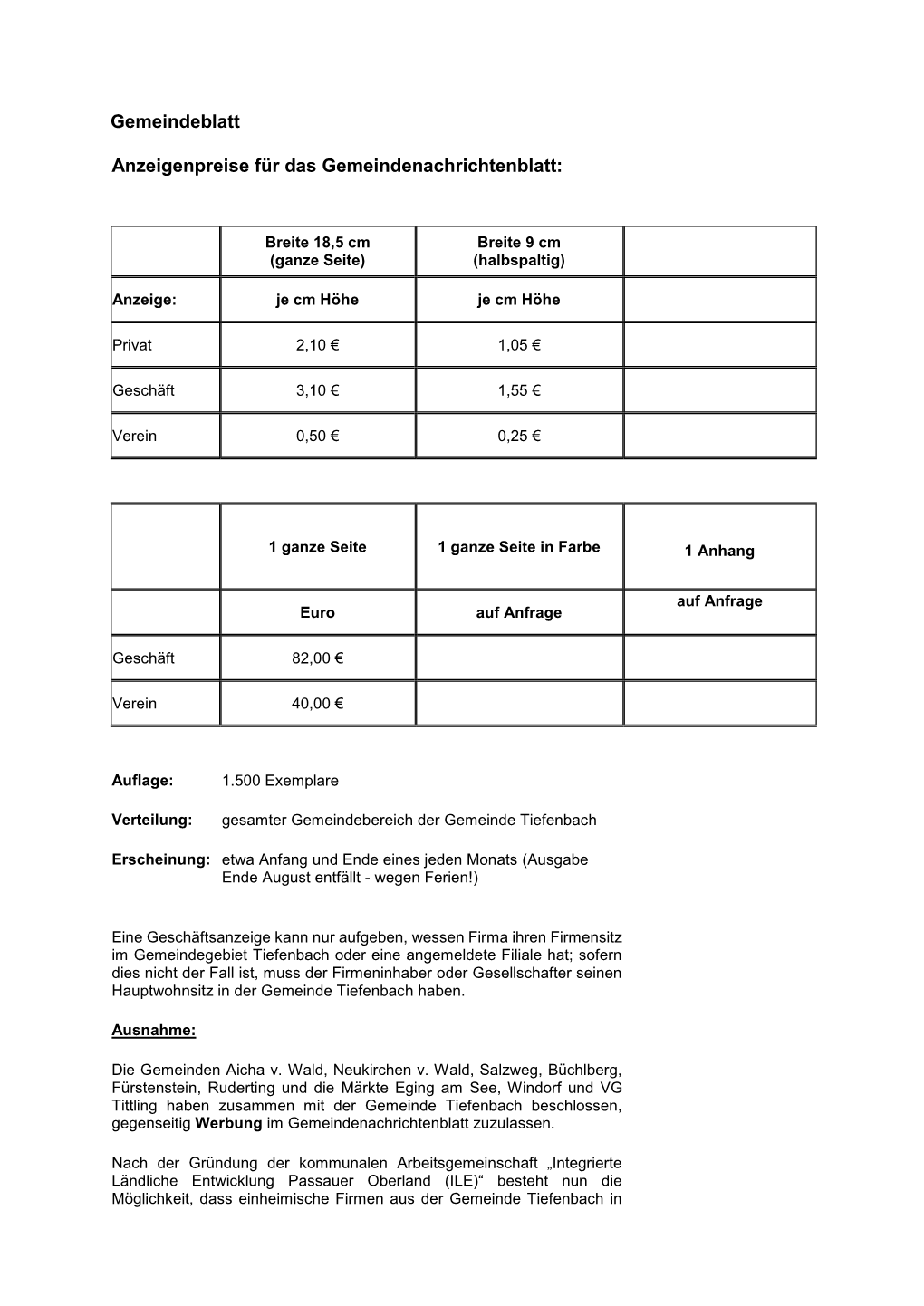 Gemeindeblatt Anzeigenpreise Für Das Gemeindenachrichtenblatt