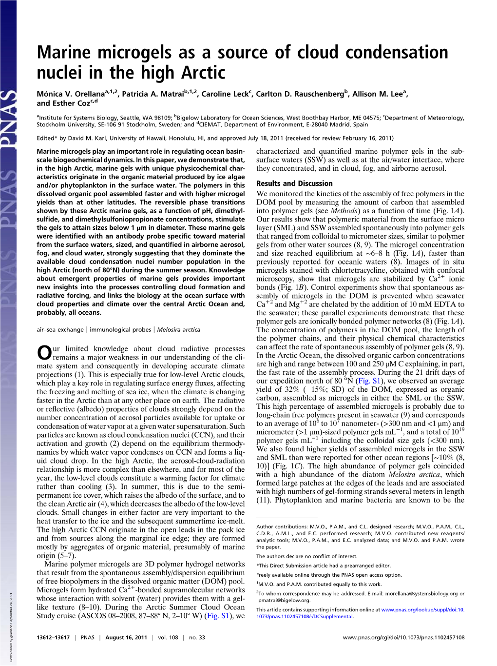 Marine Microgels As a Source of Cloud Condensation Nuclei in the High Arctic