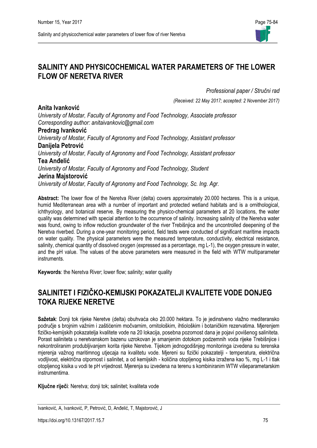 Salinity and Physicochemical Water Parameters of the Lower Flow of Neretva River