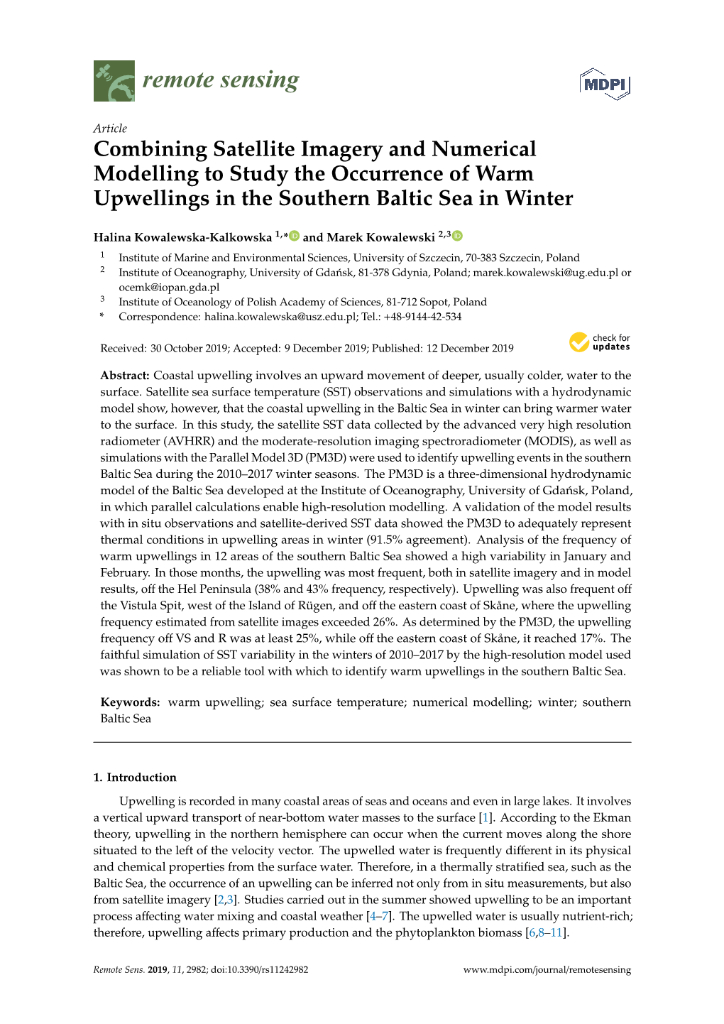 Combining Satellite Imagery and Numerical Modelling to Study the Occurrence of Warm Upwellings in the Southern Baltic Sea in Winter