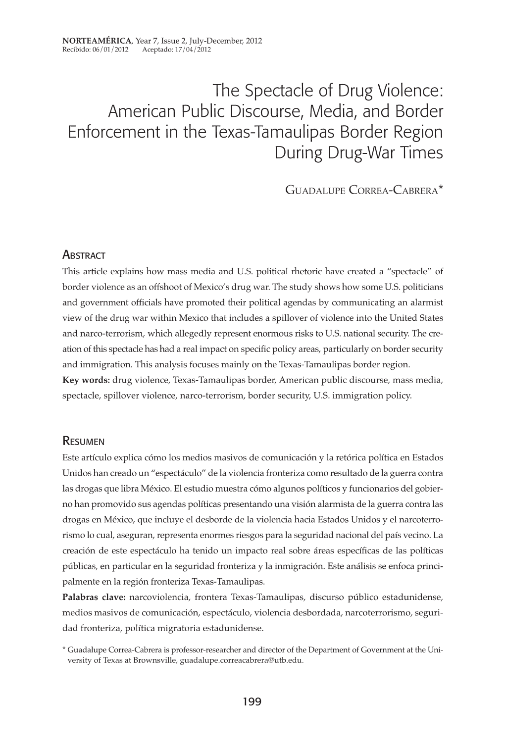 The Spectacle of Drug Violence: American Public Discourse, Media, and Border Enforcement in the Texas-Tamaulipas Border Region During Drug-War Times