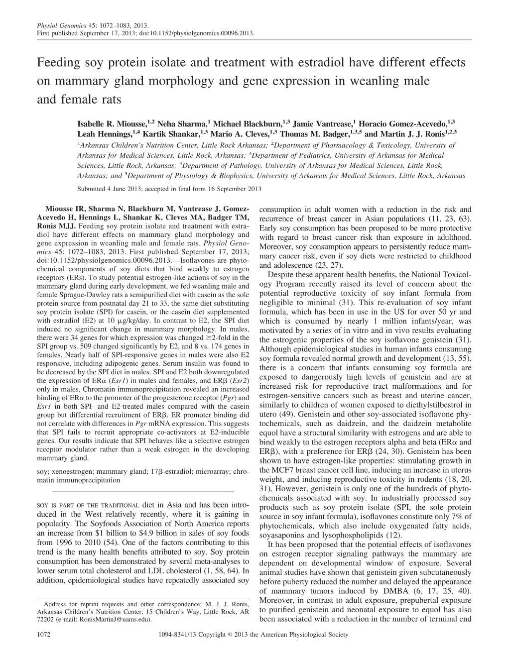 Feeding Soy Protein Isolate and Treatment with Estradiol Have Different Effects on Mammary Gland Morphology and Gene Expression in Weanling Male and Female Rats