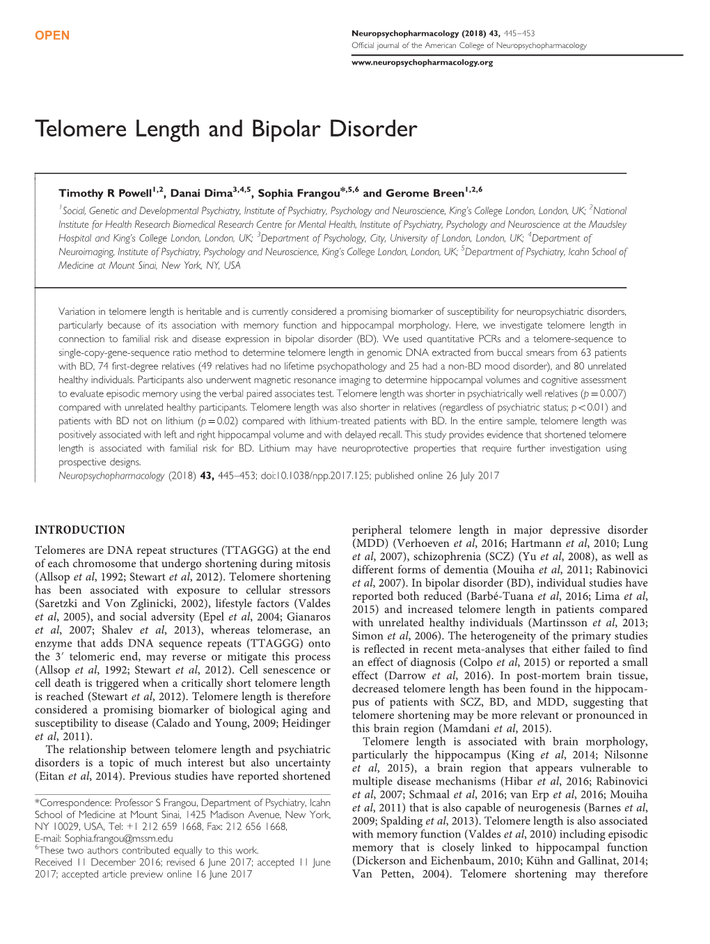 Telomere Length and Bipolar Disorder