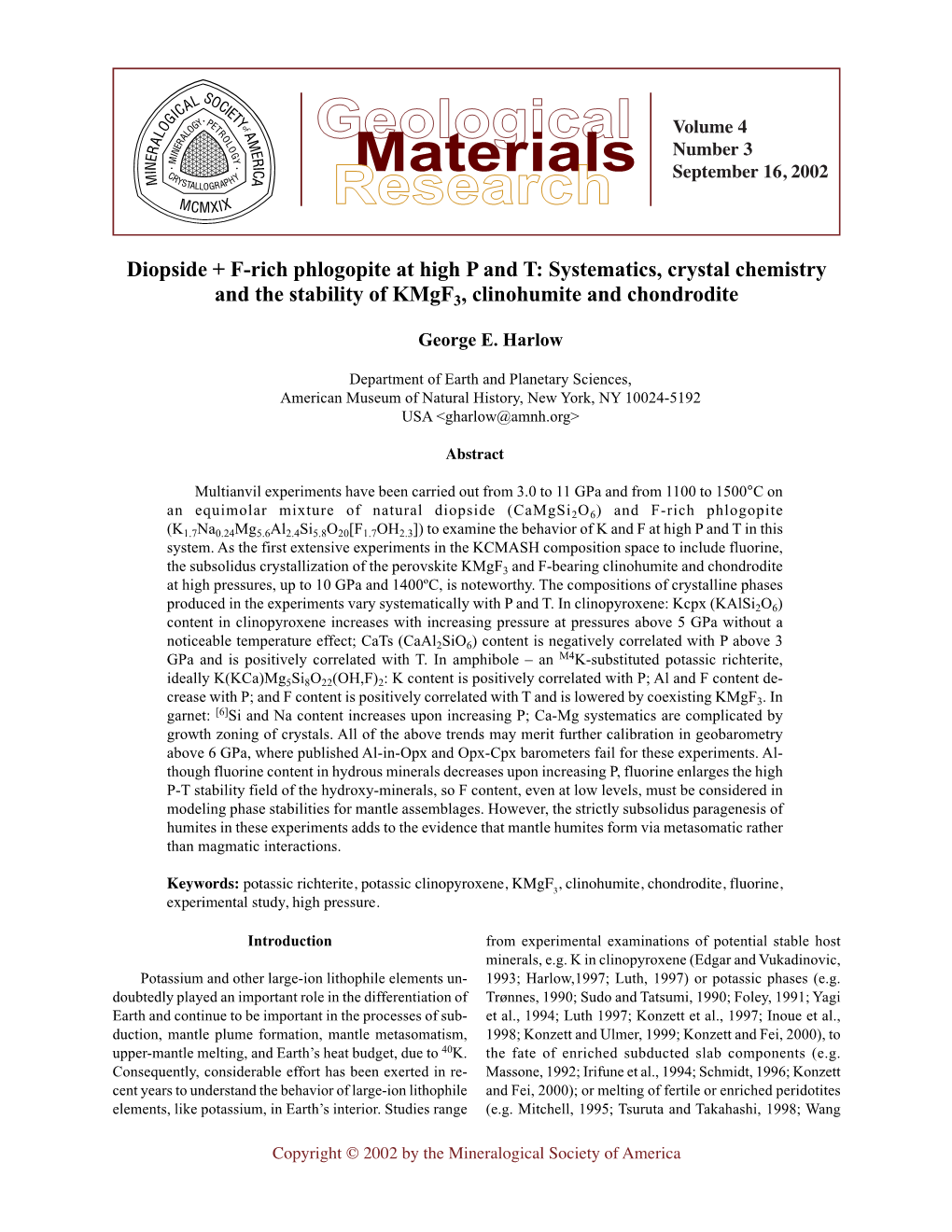 Diopside + F-Rich Phlogopite at High P and T: Systematics, Crystal Chemistry and the Stability of Kmgf3, Clinohumite and Chondrodite