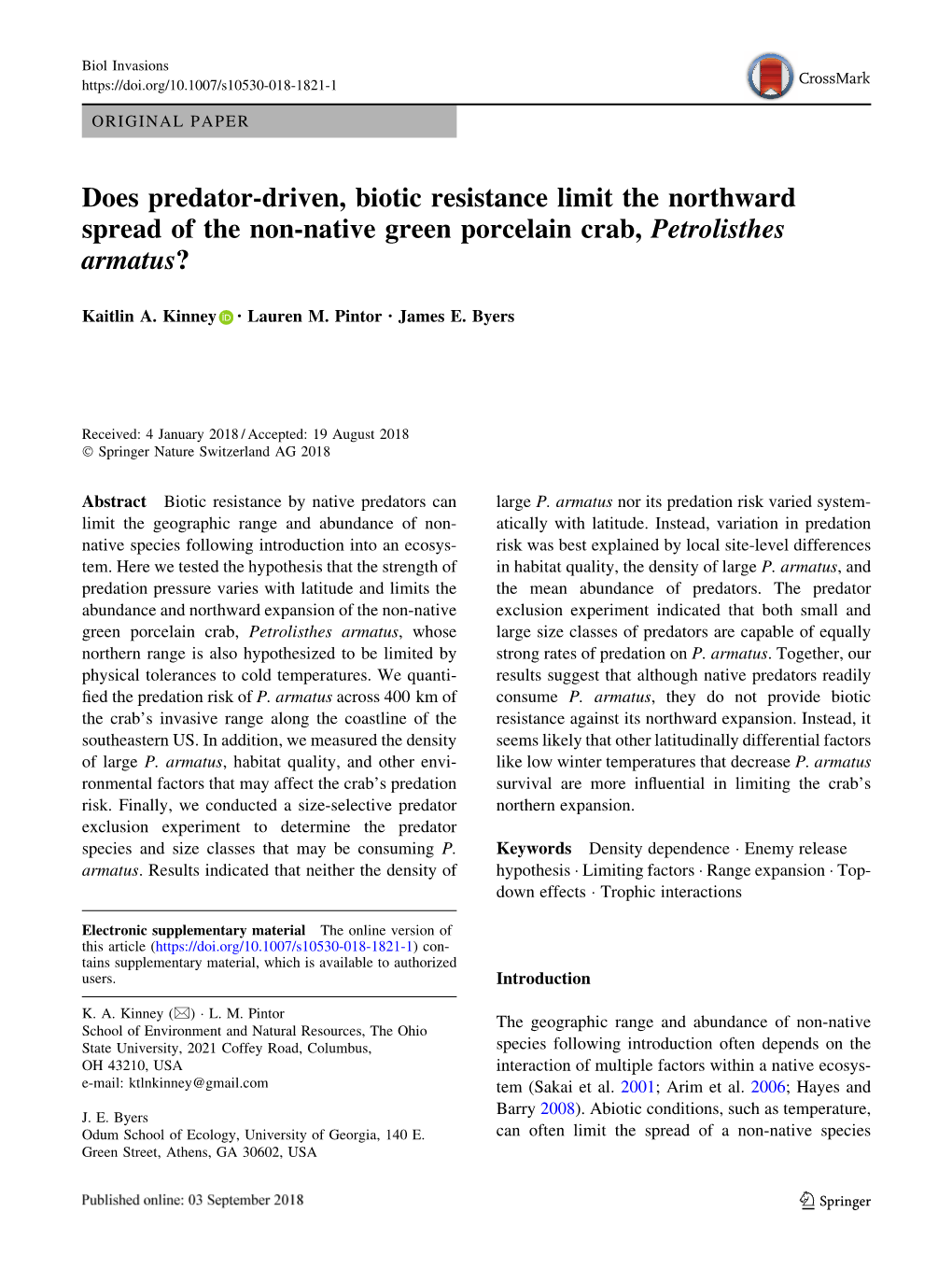 Does Predator-Driven, Biotic Resistance Limit the Northward Spread of the Non-Native Green Porcelain Crab, Petrolisthes Armatus?