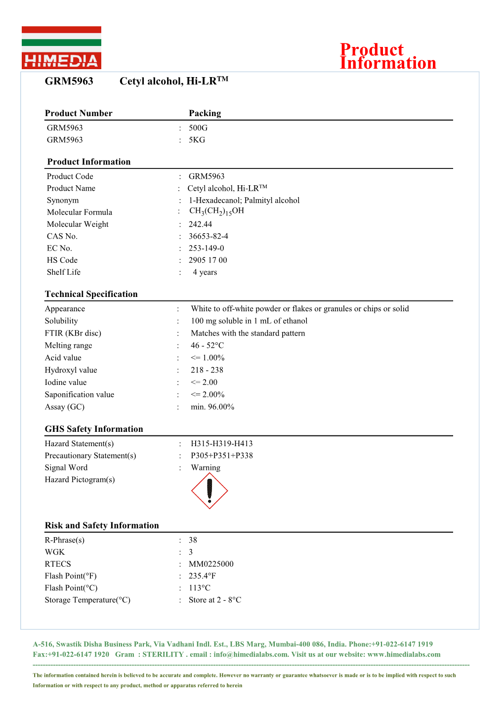 Product Information GRM5963 Cetyl Alcohol, Hi-LRTM