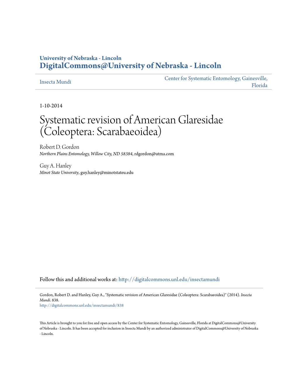 Systematic Revision of American Glaresidae (Coleoptera: Scarabaeoidea) Robert D