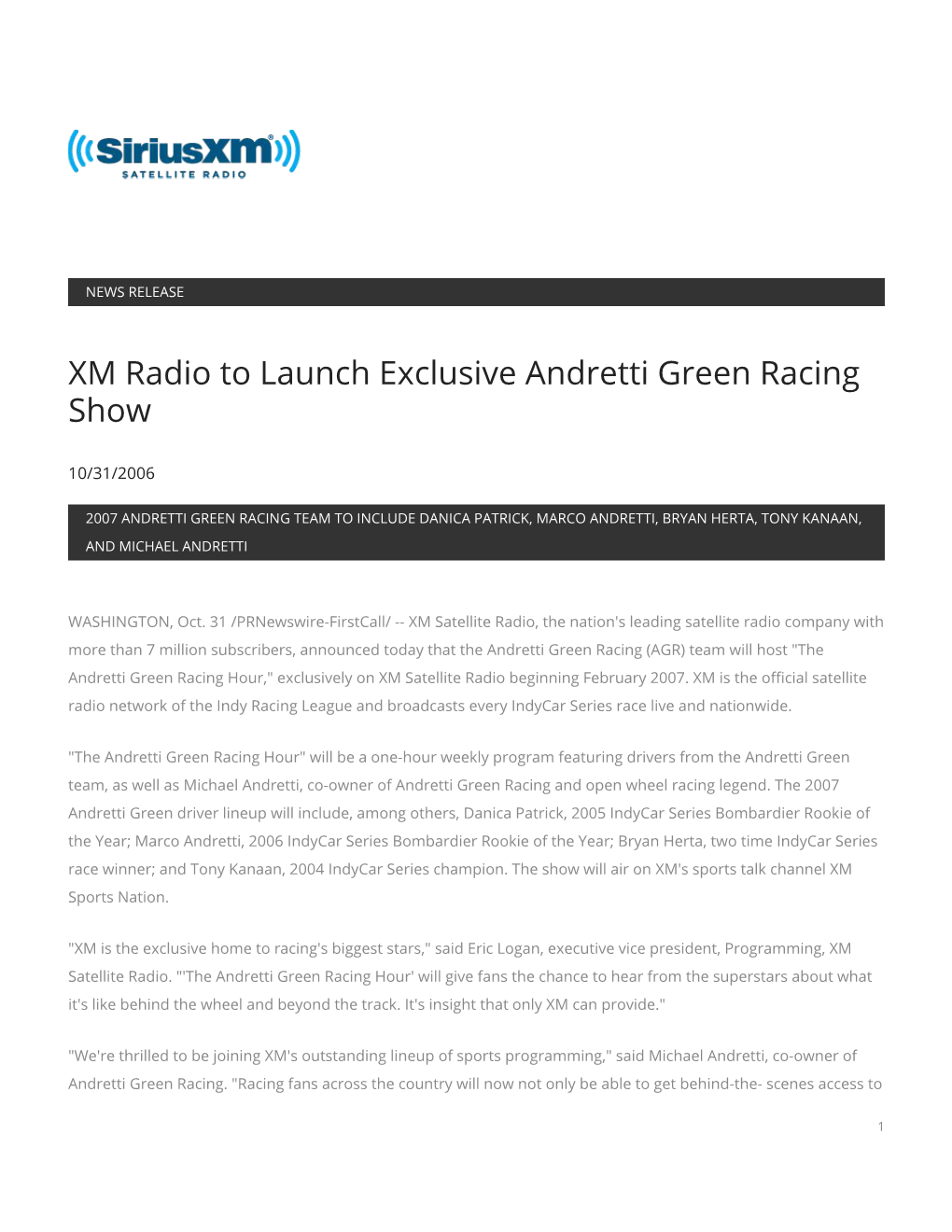 XM Radio to Launch Exclusive Andretti Green Racing Show