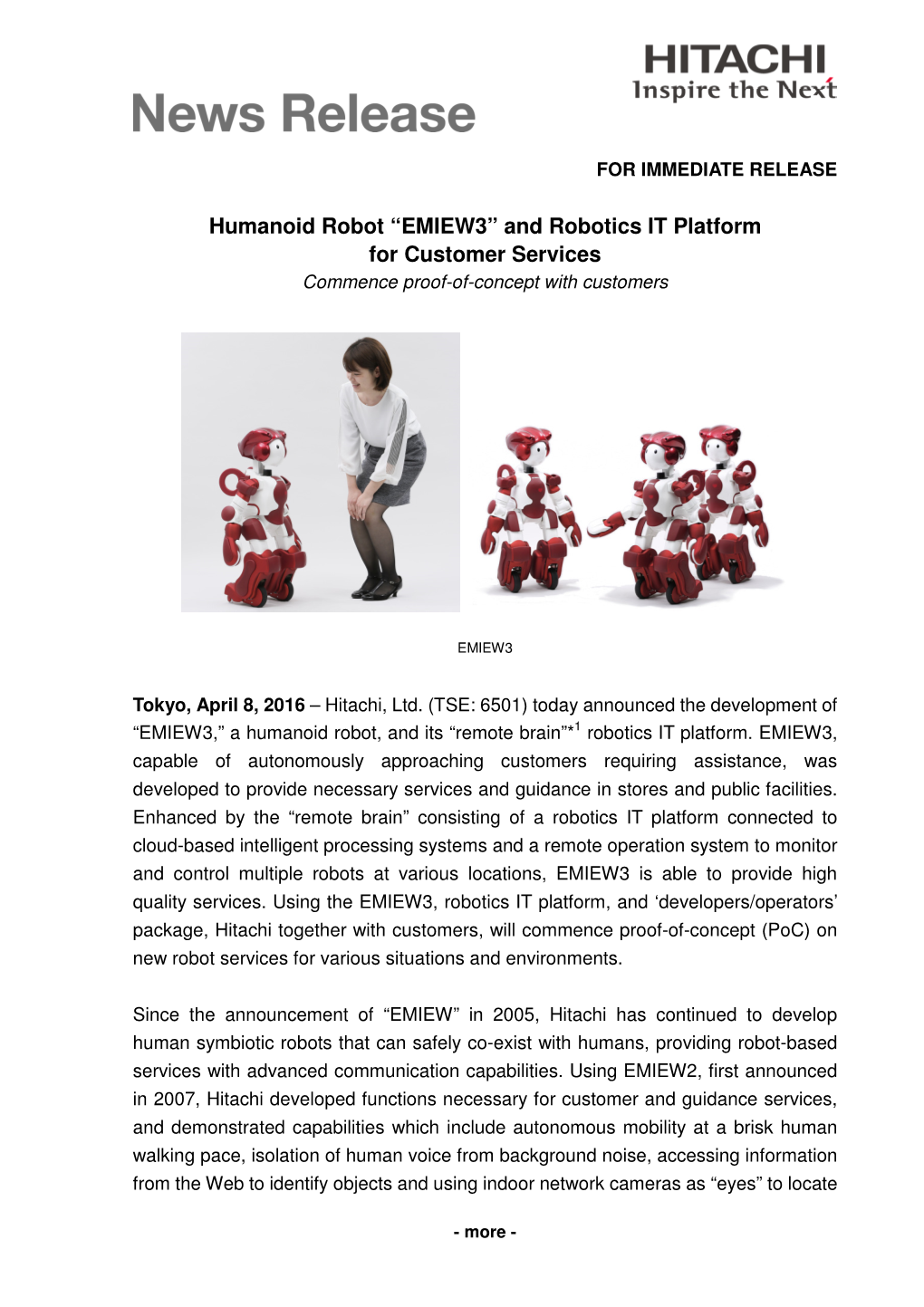 Humanoid Robot “EMIEW3” and Robotics IT Platform for Customer Services Commence Proof-Of-Concept with Customers