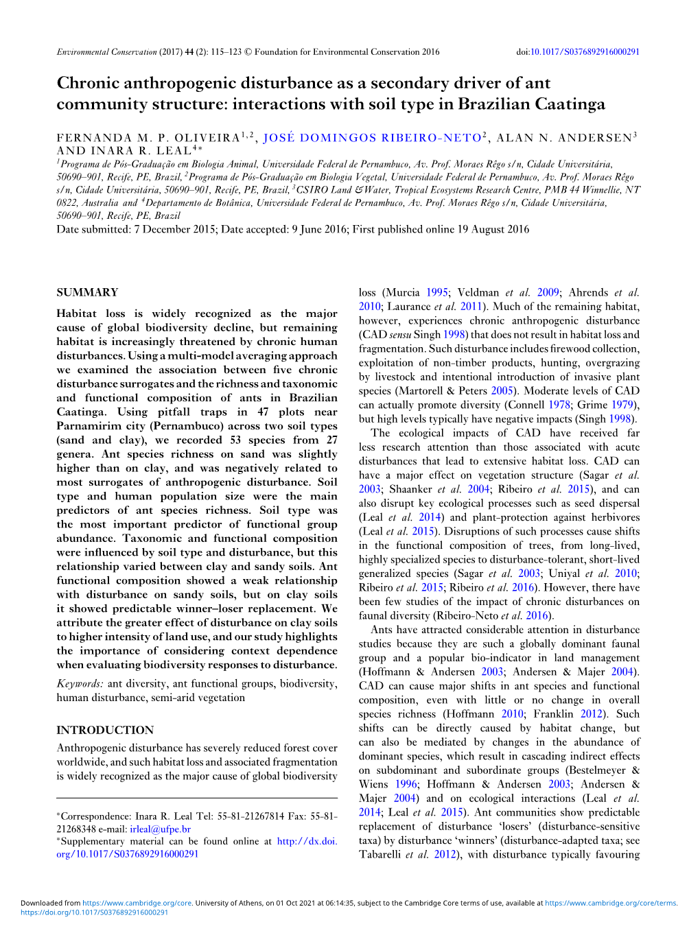 Chronic Anthropogenic Disturbance As a Secondary Driver of Ant Community Structure: Interactions with Soil Type in Brazilian Caatinga