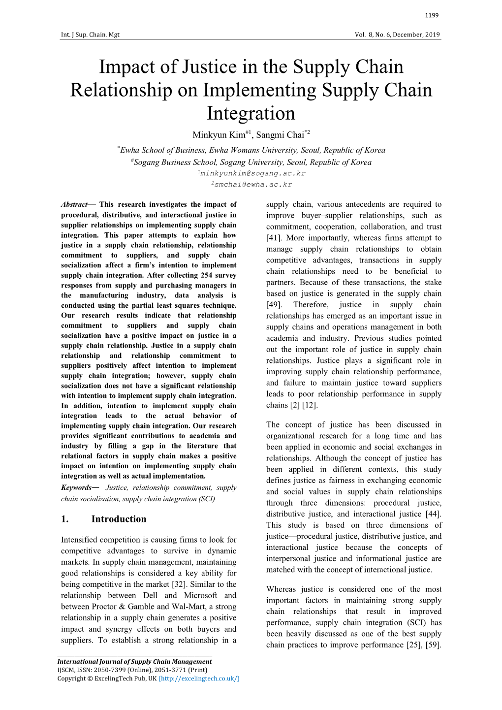 Impact of Justice in the Supply Chain Relationship on Implementing