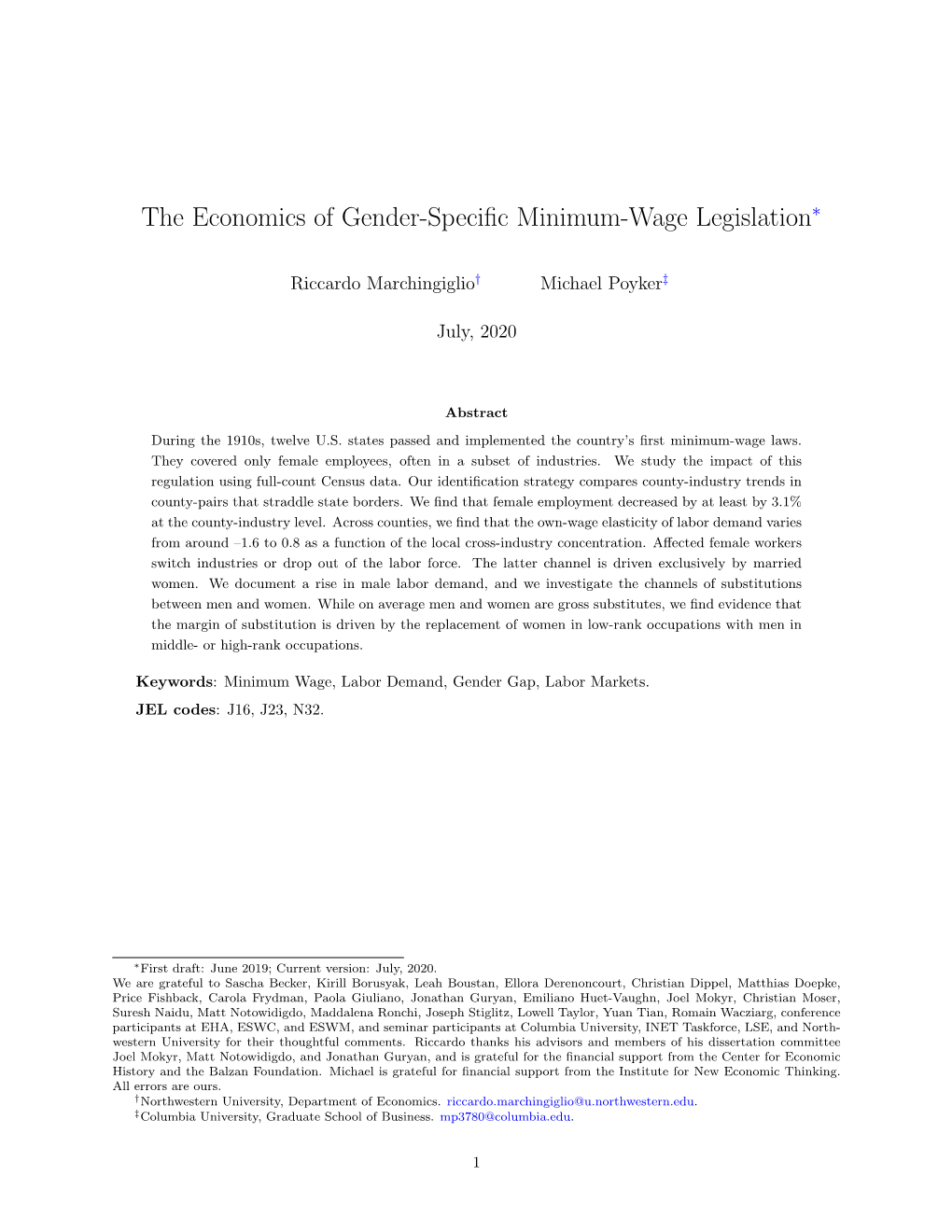 The Economics of Gender-Specific Minimum-Wage Legislation