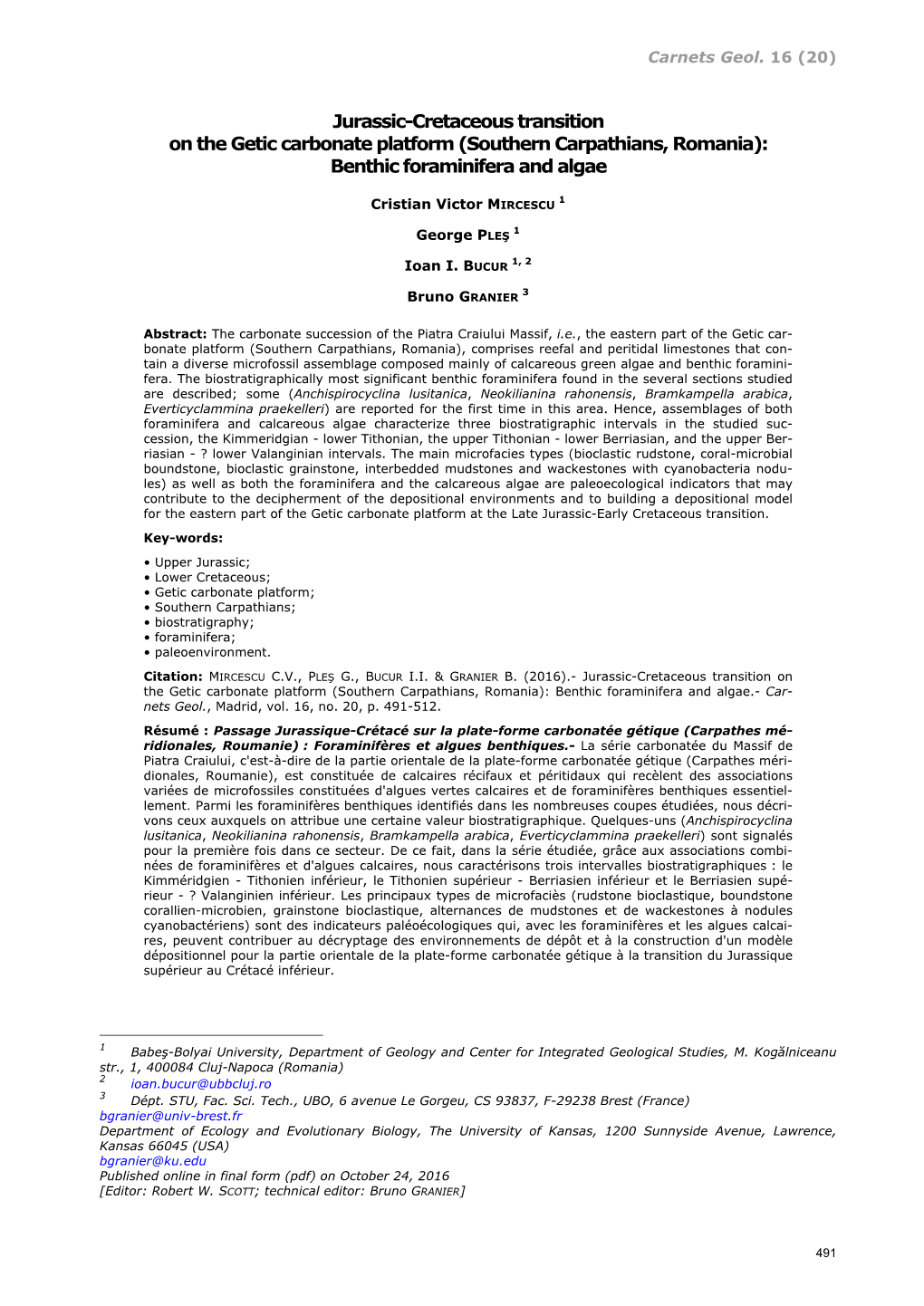 Jurassic-Cretaceous Transition on the Getic Carbonate Platform (Southern Carpathians, Romania): Benthic Foraminifera and Algae