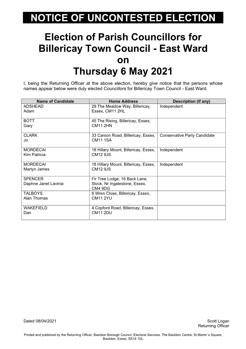 Billericay Town Council - East Ward on Thursday 6 May 2021