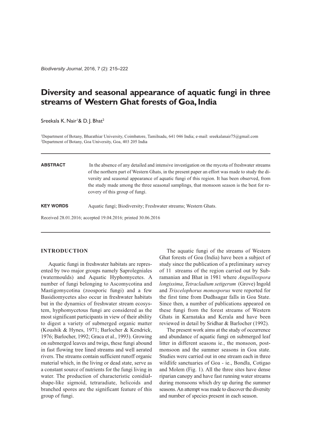 Diversity and Seasonal Appearance of Aquatic Fungi in Three Streams of Western Ghat Forests of Goa, India