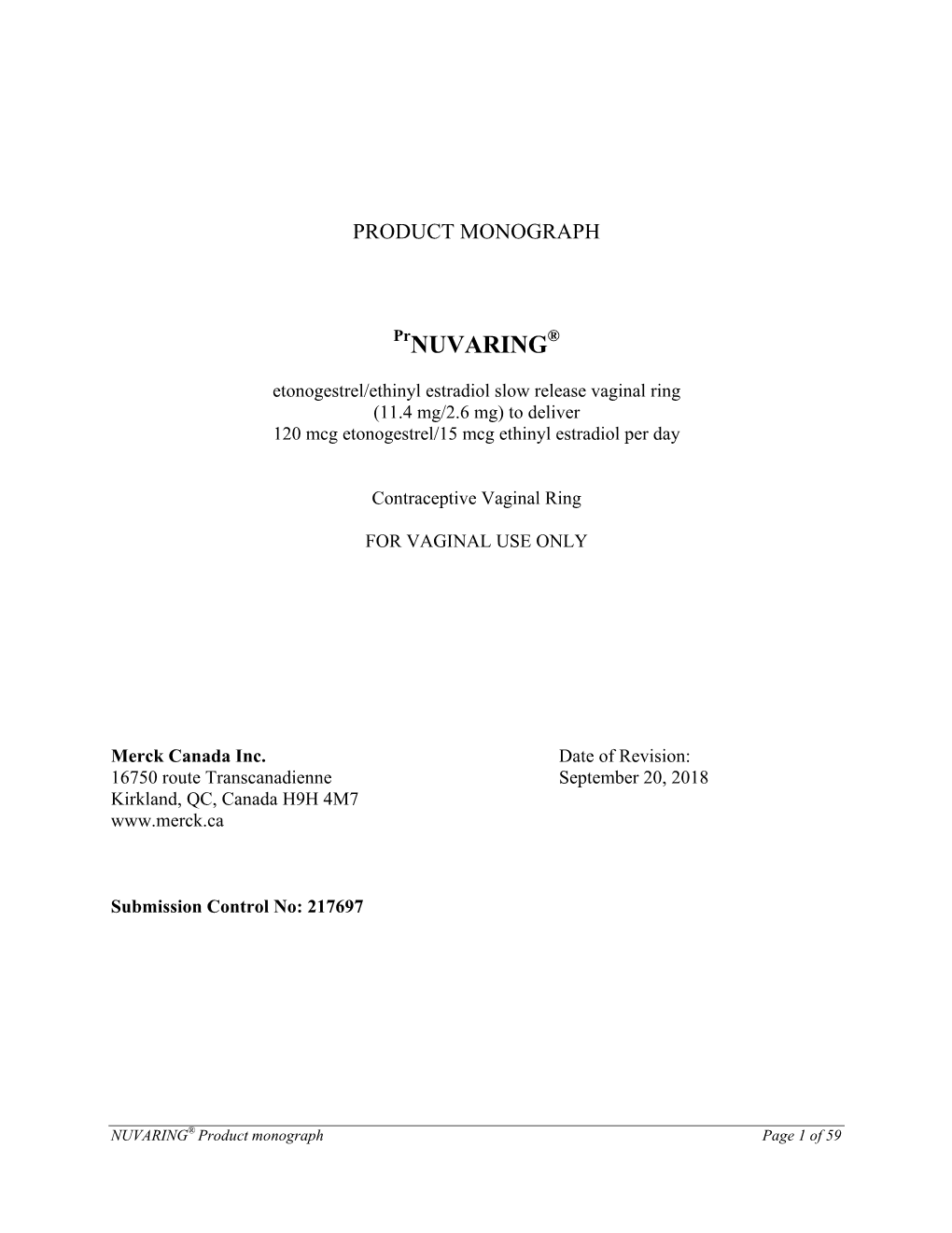 NUVARING® Product Monograph Page 1 of 59