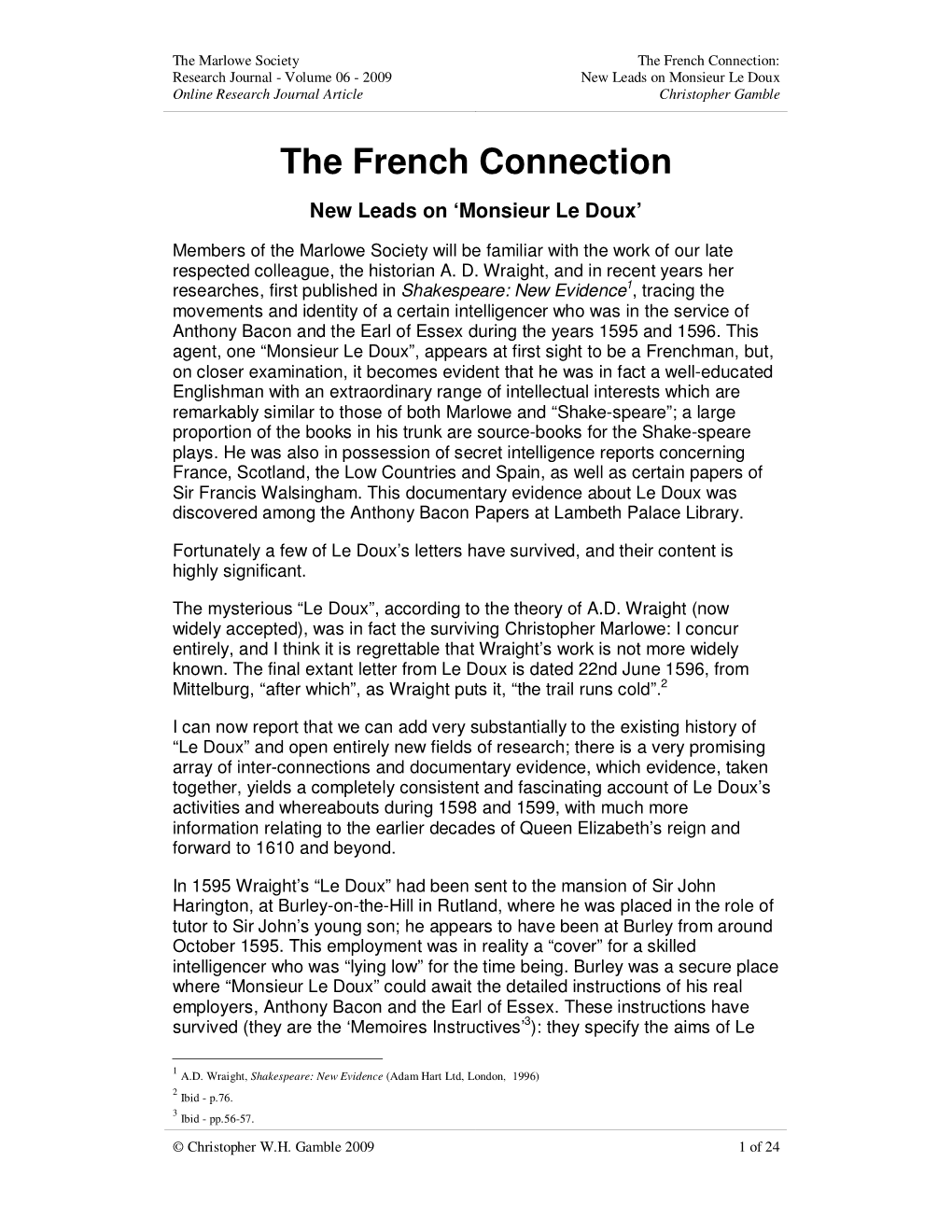 The French Connection: Research Journal - Volume 06 - 2009 New Leads on Monsieur Le Doux Online Research Journal Article Christopher Gamble