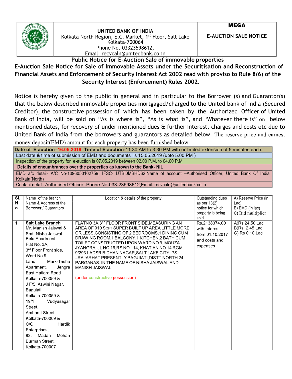 Public Notice for E-Auction Sale of Immovable