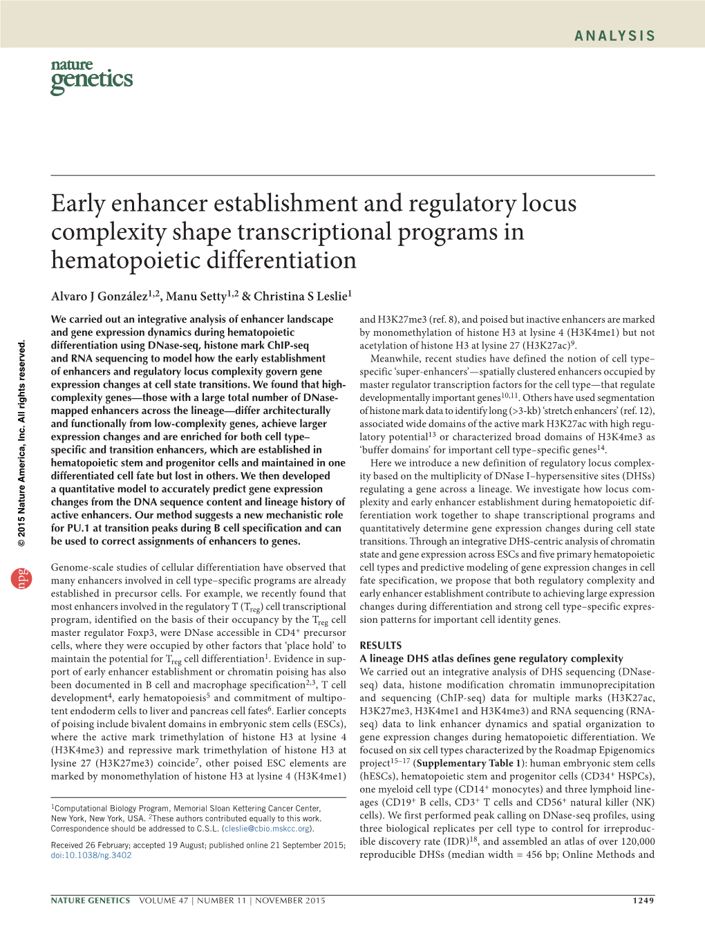 Early Enhancer Establishment and Regulatory Locus Complexity Shape Transcriptional Programs in Hematopoietic Differentiation